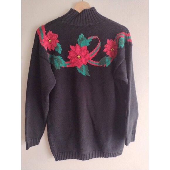 Vintage 90s Holiday Sweater L Pretty Bold Poinsettia Picone Sport Mock Neck - Picture 2 of 10